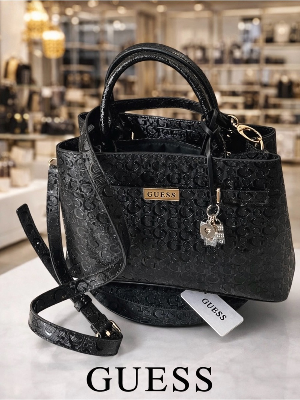 GUESS Black Logo-Embossed Satchel Jerica with Gold Hardware